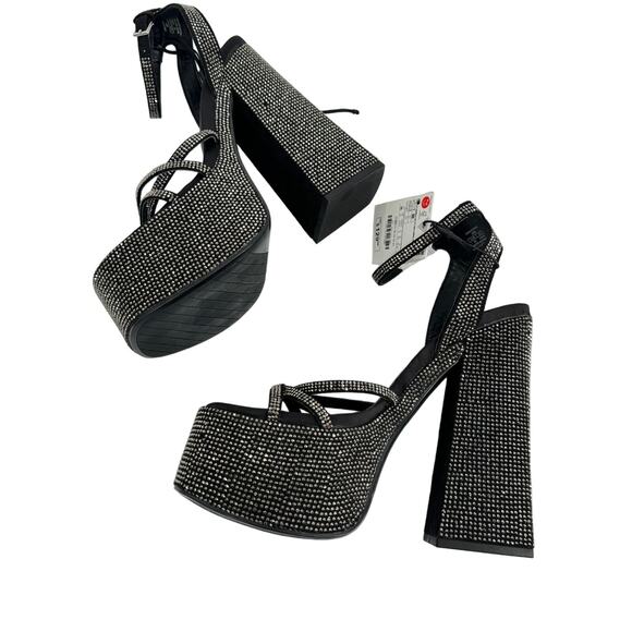 Zara Rhinestone Chunky High Heeled Platform Sandals Black & Silver Size 6 - Picture 10 of 12